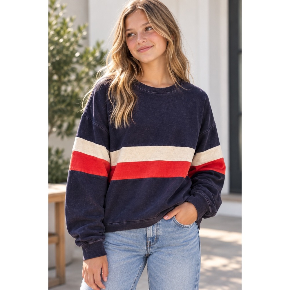 Gaze Womens Navy Blue Striped Long Sleeve Cropped T-Shirt Size S T49583
